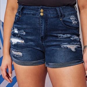 Button Fly Roll Hem Ripped Denim Shorts
